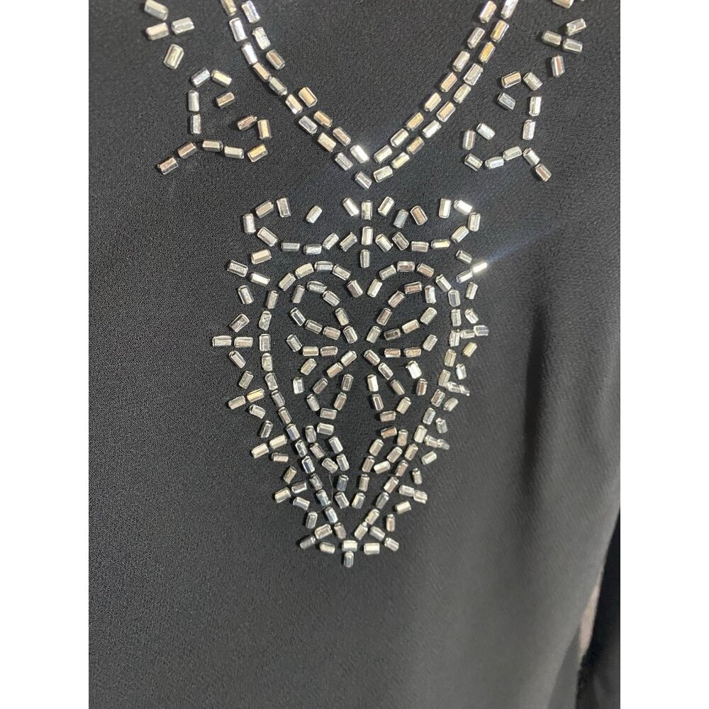 JR Nites By Caliendo Black Layered Tunic Top Silver Beads Asymmetrical Hemline 8 - Picture 9 of 10